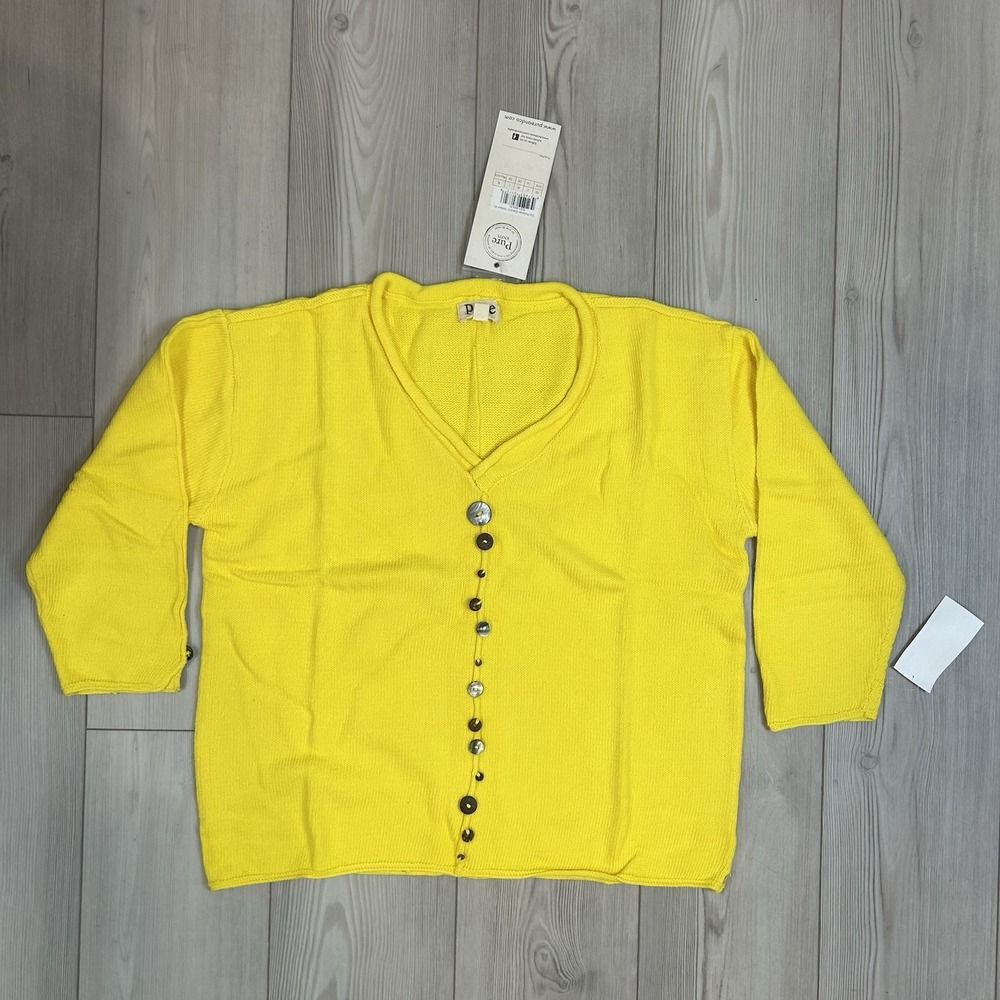 NWT Pure Knits‎ Sweater Women's XL Electric Yellow Artsy Buttons Iris Pullover